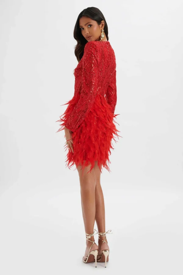 Lavish Alice Selene Embellished Feather Mini Dress In Red Fashion