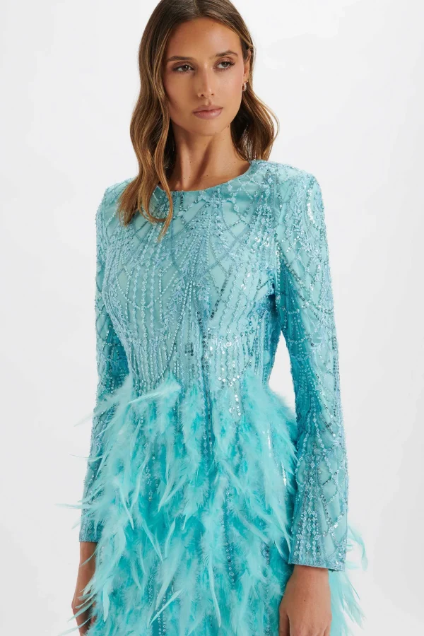 Lavish Alice Selene Embellished Feather Mini Dress In Blue New