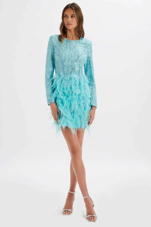 Lavish Alice Selene Embellished Feather Mini Dress In Blue New