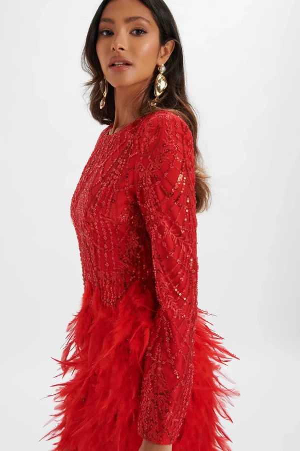 Lavish Alice Selene Embellished Feather Mini Dress In Red Fashion