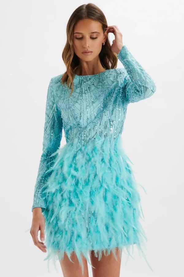 Lavish Alice Selene Embellished Feather Mini Dress In Blue New