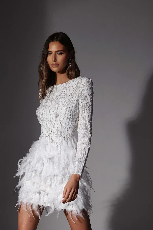 Lavish Alice Selene Embellished Feather Mini Dress In White Hot