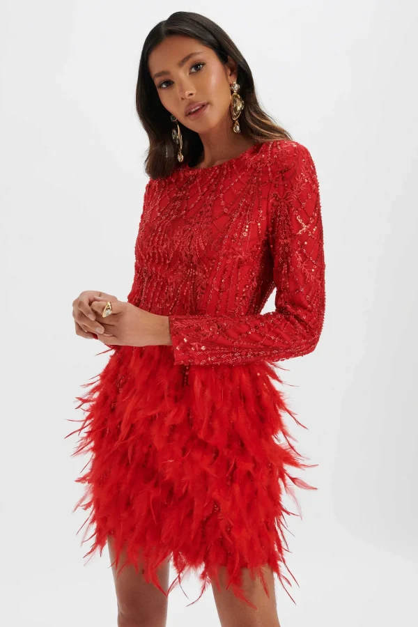 Lavish Alice Selene Embellished Feather Mini Dress In Red Fashion