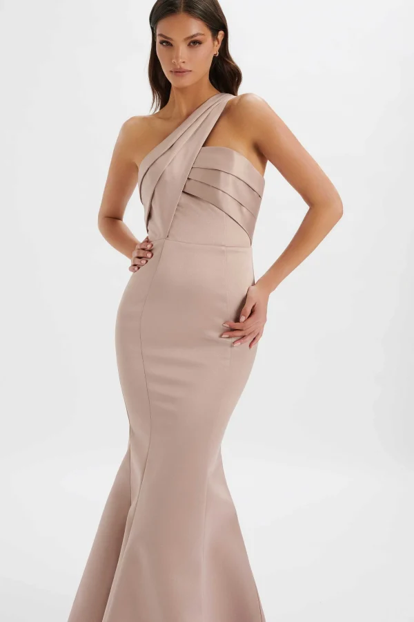 Lavish Alice Shailene Bonded Satin Asymmetric Maxi Dress In Mink Best Sale