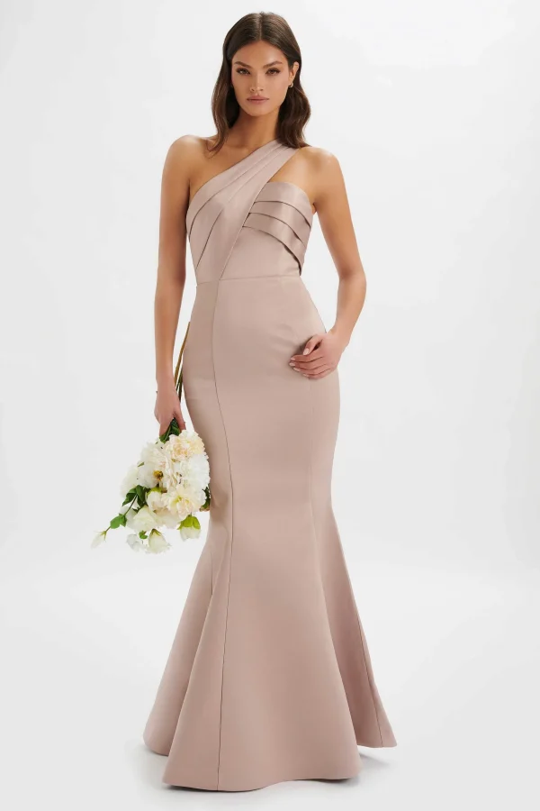 Lavish Alice Shailene Bonded Satin Asymmetric Maxi Dress In Mink Best Sale