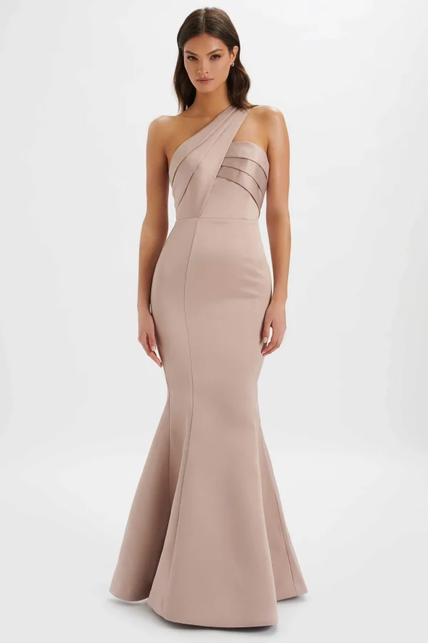 Lavish Alice Shailene Bonded Satin Asymmetric Maxi Dress In Mink Best Sale