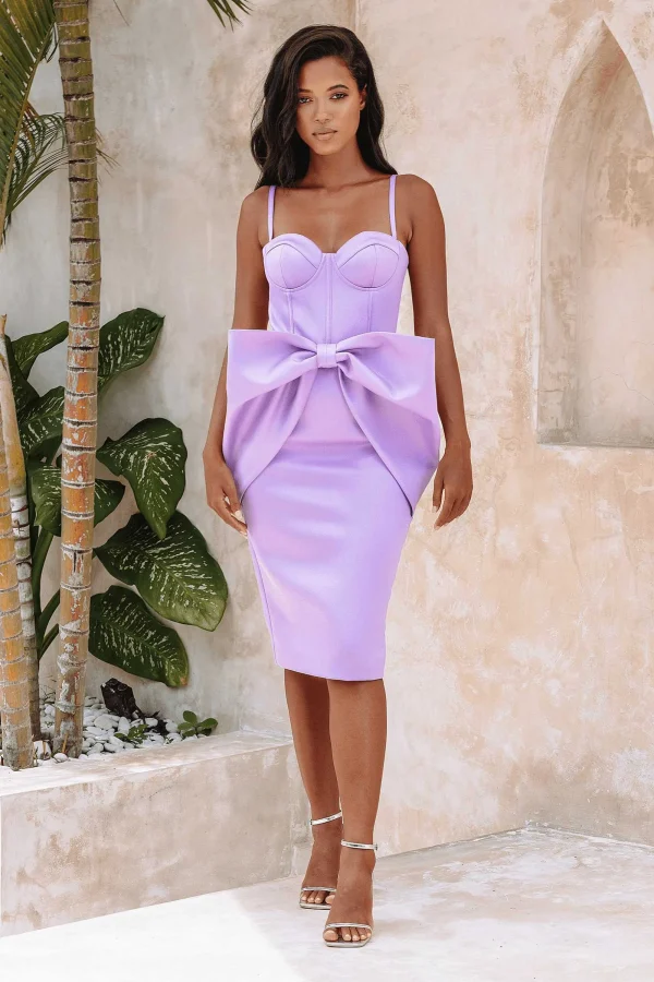 Lavish Alice Shiloh Extreme Bow Corset Detail Midi Dress In Lavender Satin Best