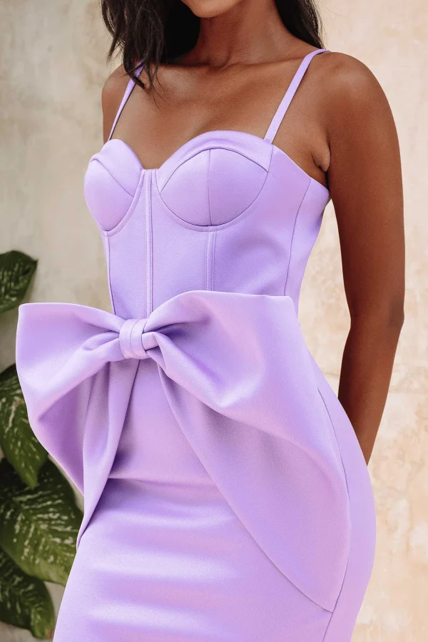 Lavish Alice Shiloh Extreme Bow Corset Detail Midi Dress In Lavender Satin Best