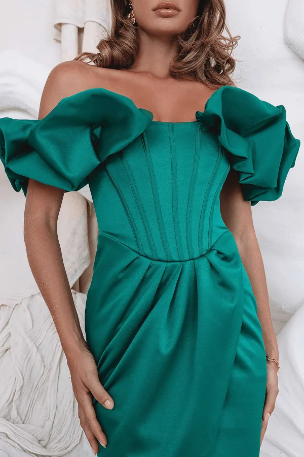 Lavish Alice Simone Puff Sleeve Bardot Satin Midi Dress In Emerald Green Shop