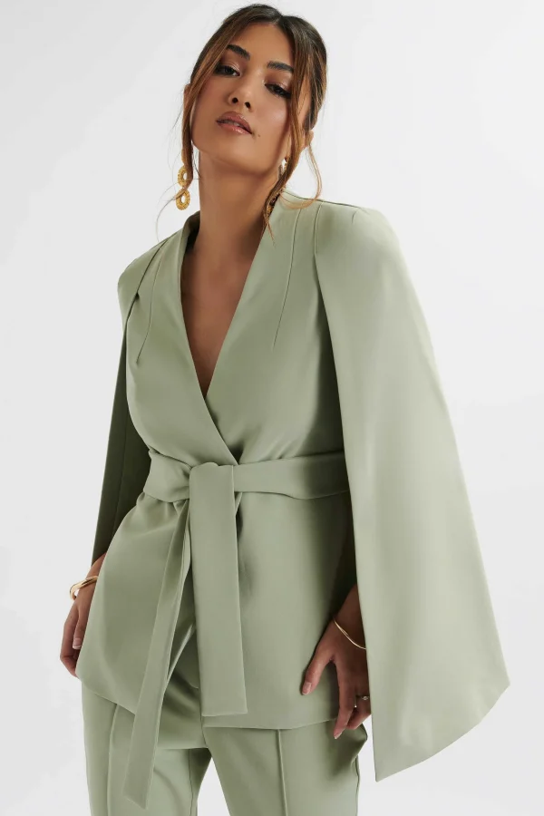 Lavish Alice Skye Belted Cape Blazer Jacket In Sage Green Cheap