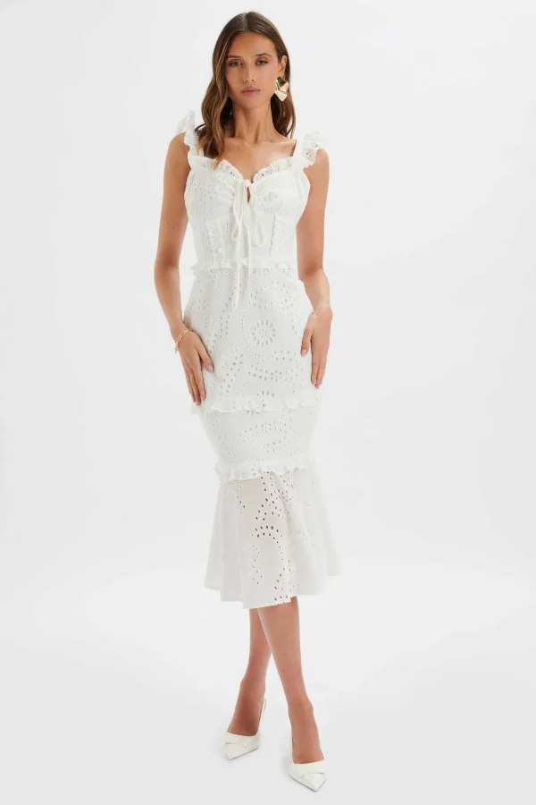 Lavish Alice Sofi Broderie Anglais Ruffle Fishtail Midaxi In White Hot