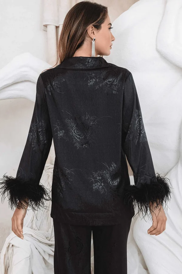 Lavish Alice Sydney Feather Trim Satin Jacquard Pyjama In Black Best Sale