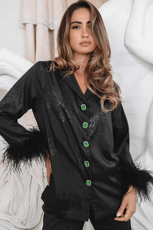 Lavish Alice Sydney Feather Trim Satin Jacquard Pyjama In Black Best Sale