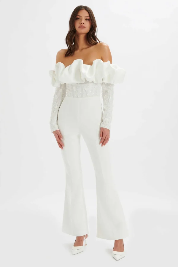 Lavish Alice Tallulah 3D Embroidered Satin Puff Jumpsuit In White Clearance