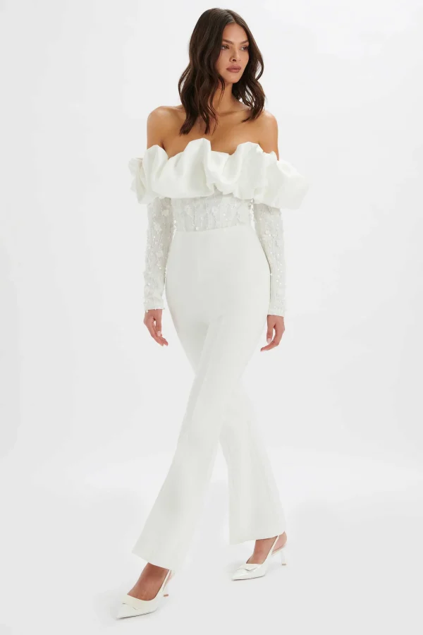 Lavish Alice Tallulah 3D Embroidered Satin Puff Jumpsuit In White Clearance