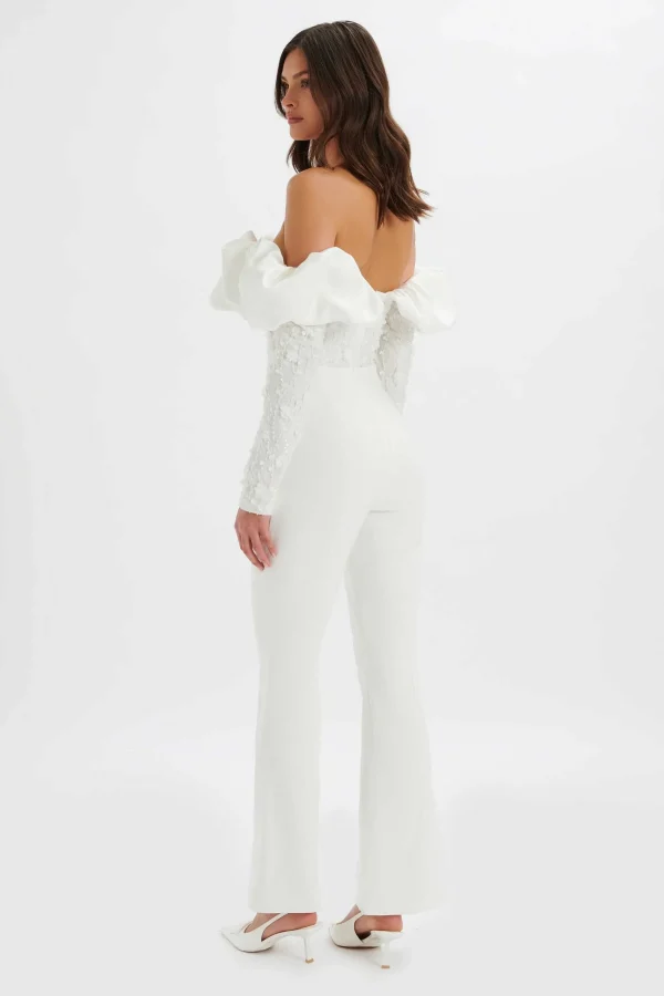 Lavish Alice Tallulah 3D Embroidered Satin Puff Jumpsuit In White Clearance