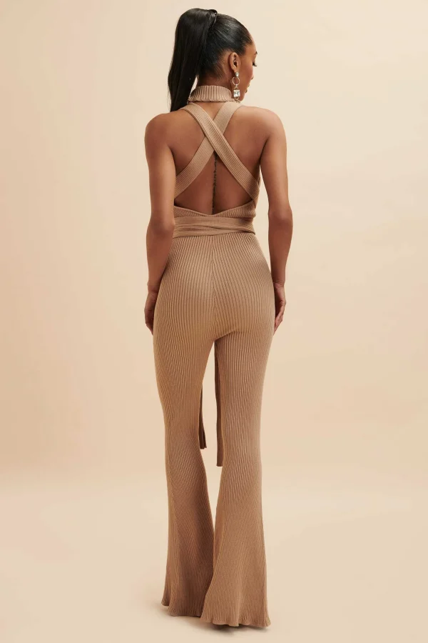 Lavish Alice Tamara Knitted Ribbed Open Back Jumpsuit In Camel Outlet