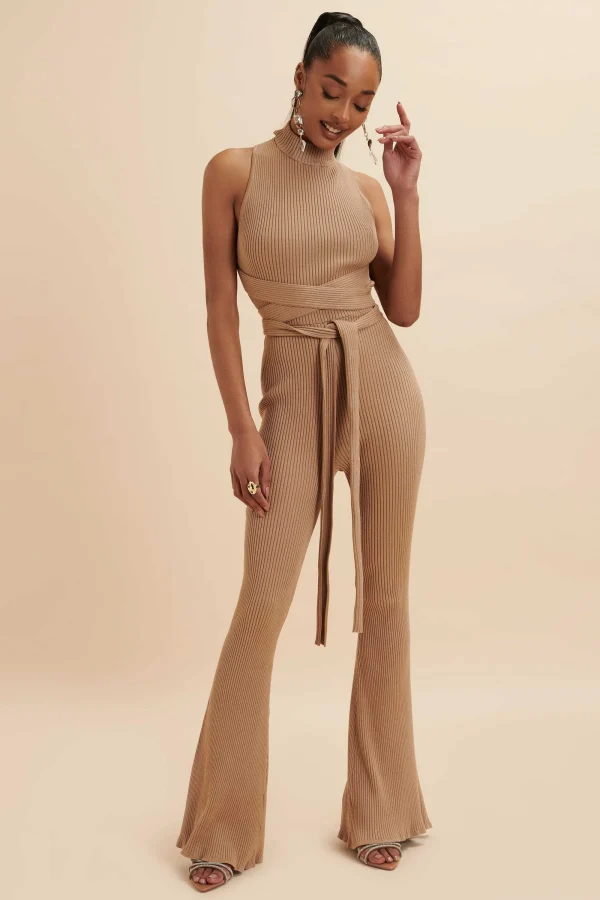 Lavish Alice Tamara Knitted Ribbed Open Back Jumpsuit In Camel Outlet