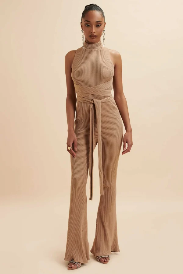 Lavish Alice Tamara Knitted Ribbed Open Back Jumpsuit In Camel Outlet