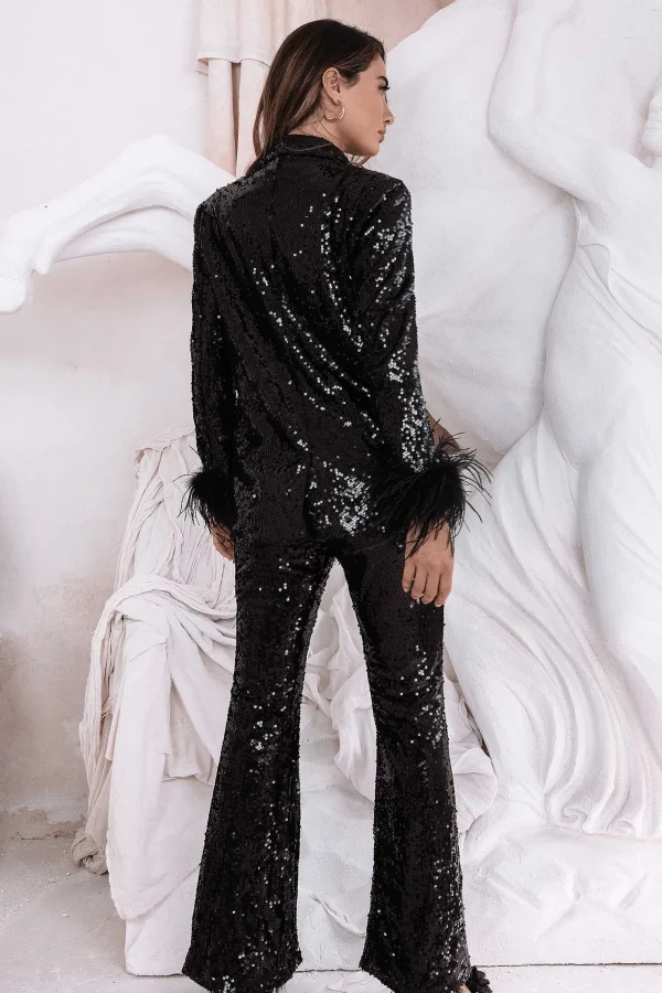 Lavish Alice Tamsin Oversized Sequin Blazer With Feather Cuffs In Black Online