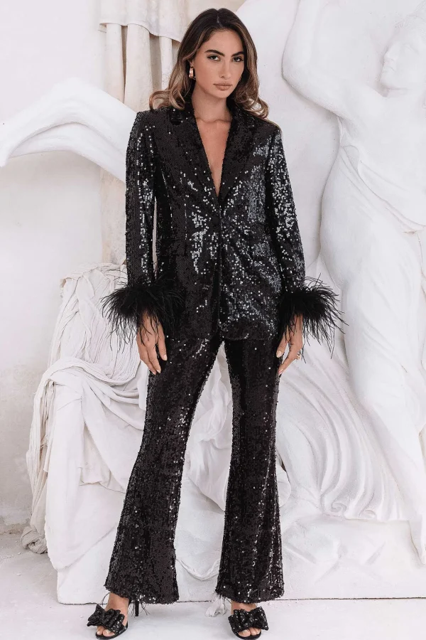 Lavish Alice Tamsin Oversized Sequin Blazer With Feather Cuffs In Black Online