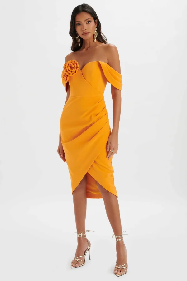 Lavish Alice Zamira 3D Flower Detail Off Shoulder Midi Dress In Orange Shop