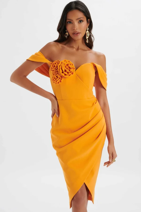 Lavish Alice Zamira 3D Flower Detail Off Shoulder Midi Dress In Orange Shop