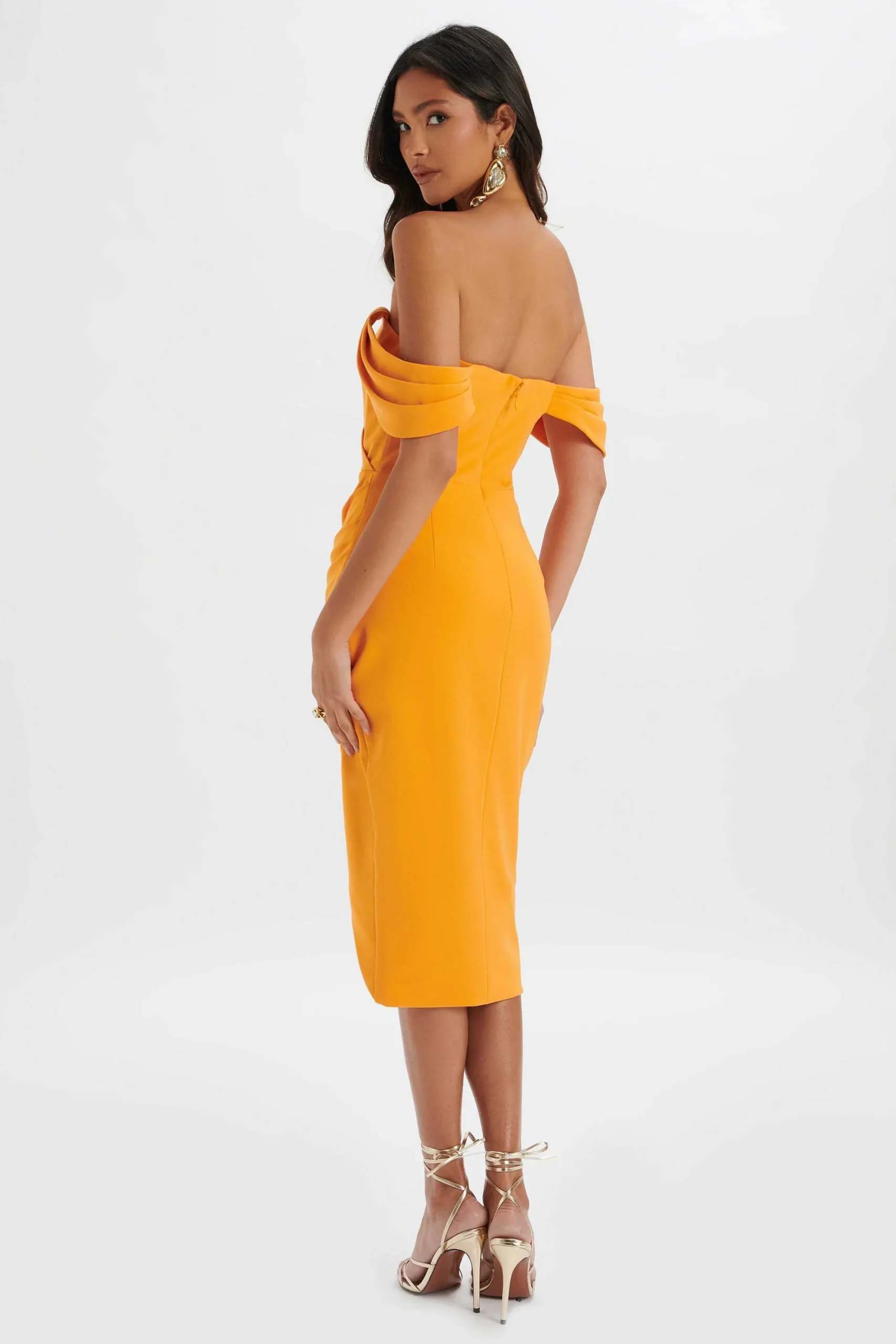 zamira_d_flower_detail_of_3.webp Lavish Alice Zamira 3D Flower Detail Off Shoulder Midi Dress In Orange Shop